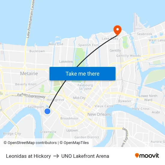 Leonidas at Hickory to UNO Lakefront Arena map