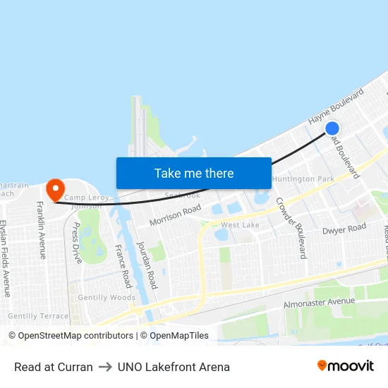 Read at Curran to UNO Lakefront Arena map