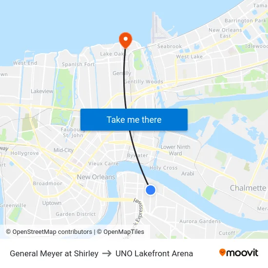 General Meyer at Shirley to UNO Lakefront Arena map