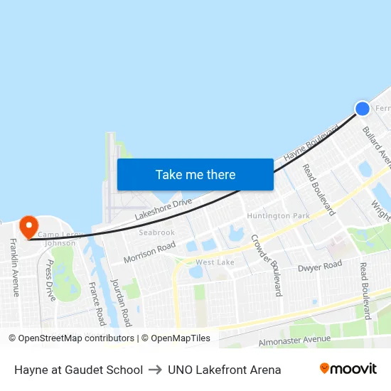 Hayne at Gaudet School to UNO Lakefront Arena map