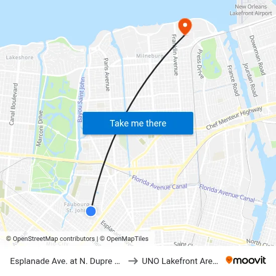 Esplanade Ave. at N. Dupre St. to UNO Lakefront Arena map
