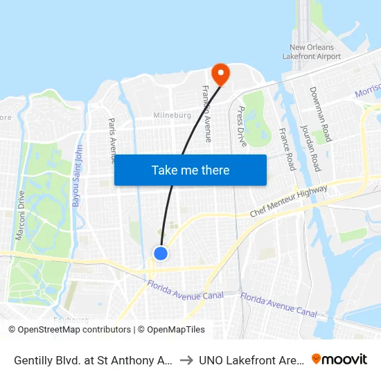Gentilly Blvd. at St Anthony Ave. to UNO Lakefront Arena map