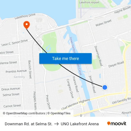 Downman Rd. at Selma St. to UNO Lakefront Arena map