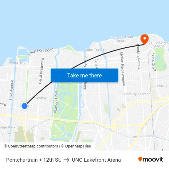 Pontchartrain + 12th St. to UNO Lakefront Arena map