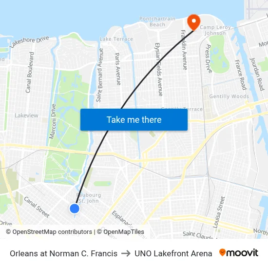 Orleans at Norman C. Francis to UNO Lakefront Arena map