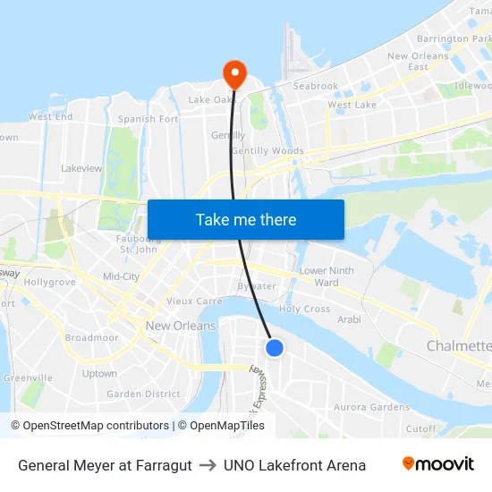 General Meyer at Farragut to UNO Lakefront Arena map