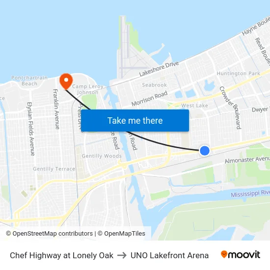 Chef Highway at Lonely Oak to UNO Lakefront Arena map