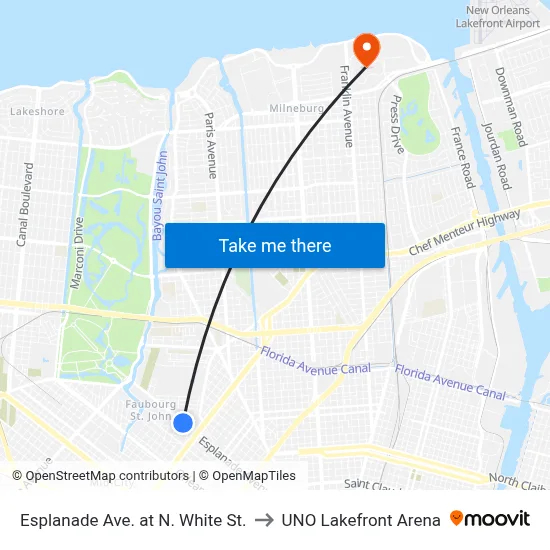 Esplanade Ave. at N. White St. to UNO Lakefront Arena map
