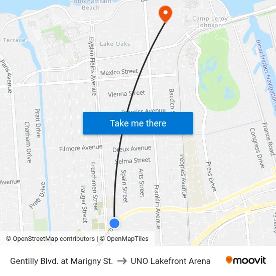 Gentilly Blvd. at Marigny St. to UNO Lakefront Arena map