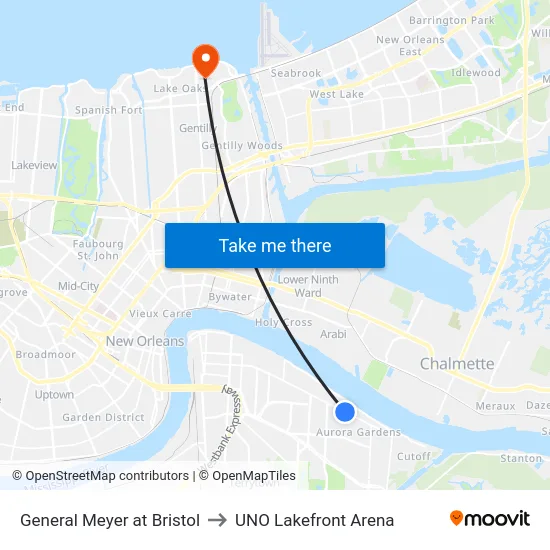 General Meyer at Bristol to UNO Lakefront Arena map