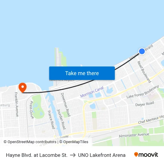 Hayne Blvd. at Lacombe St. to UNO Lakefront Arena map