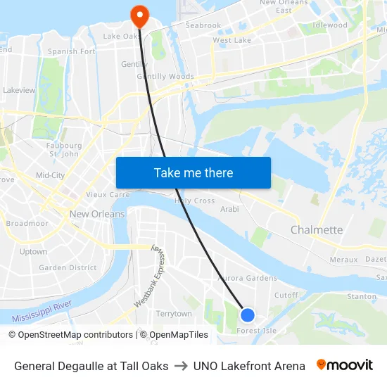 General Degaulle at Tall Oaks to UNO Lakefront Arena map
