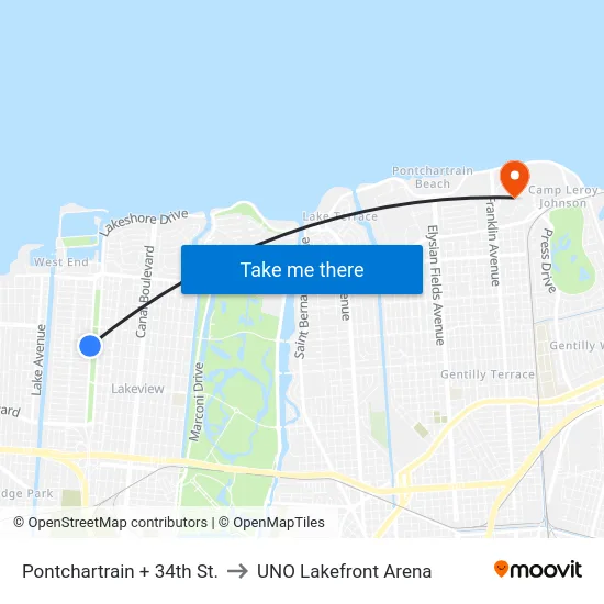 Pontchartrain + 34th St. to UNO Lakefront Arena map