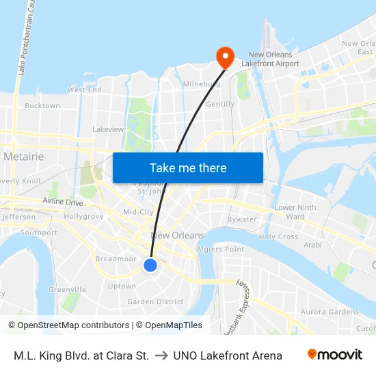 M.L. King Blvd. at Clara St. to UNO Lakefront Arena map