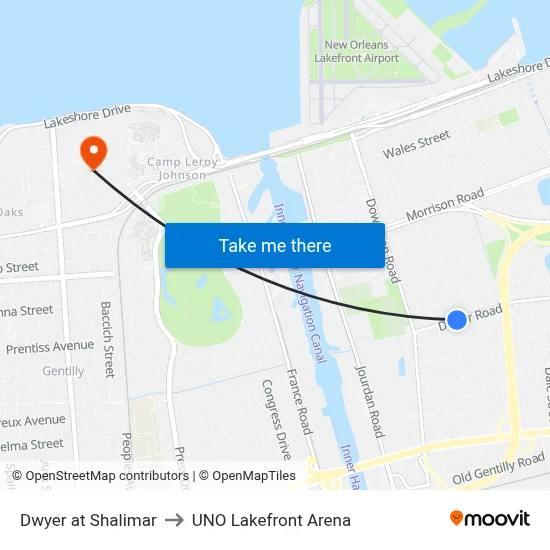 Dwyer at Shalimar to UNO Lakefront Arena map