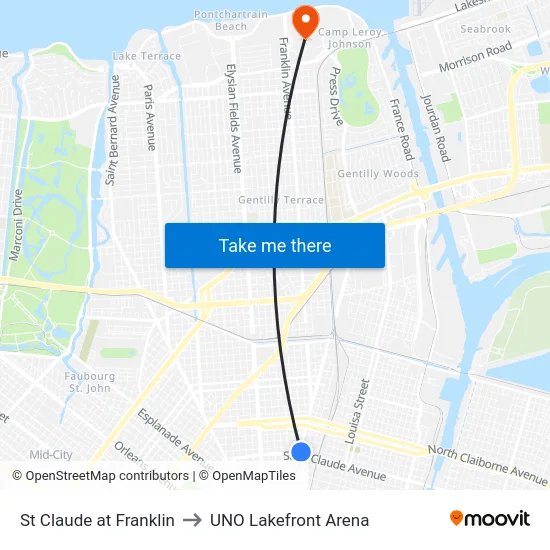 St Claude at Franklin to UNO Lakefront Arena map