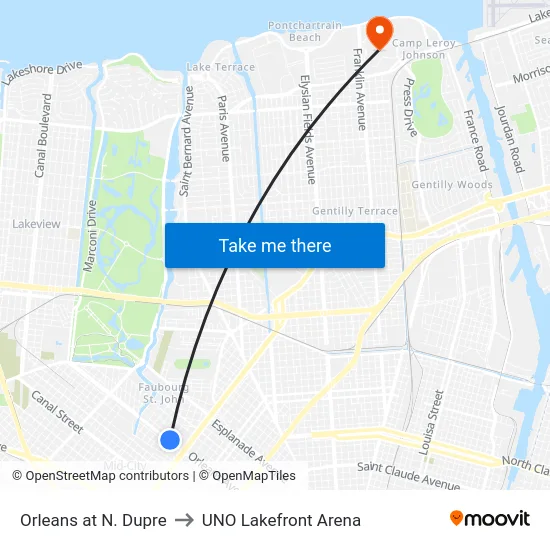Orleans at N. Dupre to UNO Lakefront Arena map