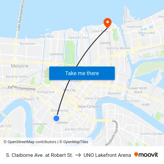 S. Claiborne Ave. at Robert St. to UNO Lakefront Arena map