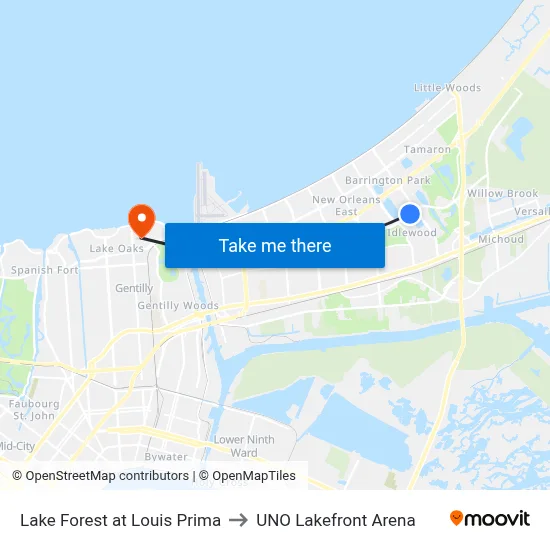 Lake Forest at Louis Prima to UNO Lakefront Arena map