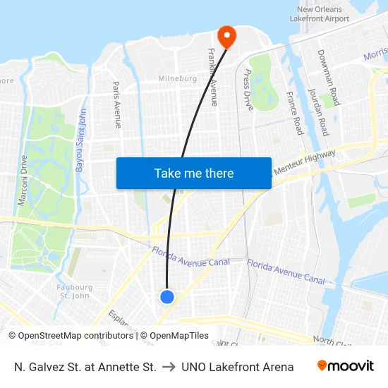 N. Galvez St. at Annette St. to UNO Lakefront Arena map