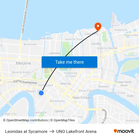 Leonidas at Sycamore to UNO Lakefront Arena map