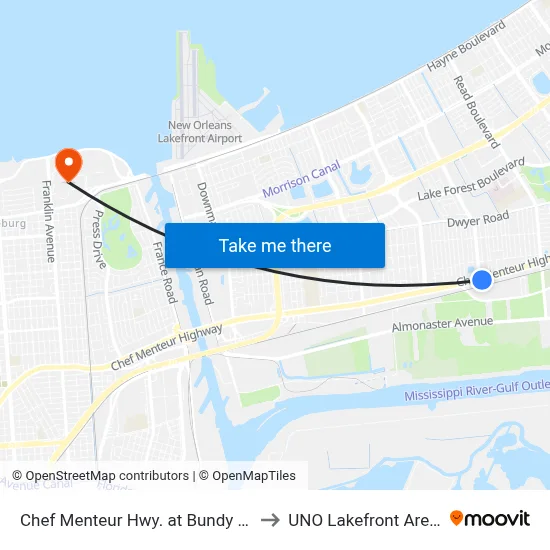 Chef Menteur Hwy. at Bundy Rd. to UNO Lakefront Arena map