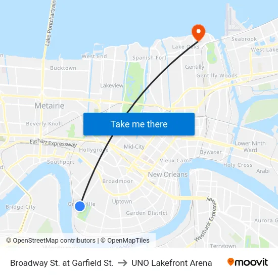Broadway St. at Garfield St. to UNO Lakefront Arena map