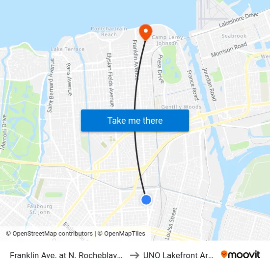 Franklin Ave. at N. Rocheblave St. to UNO Lakefront Arena map