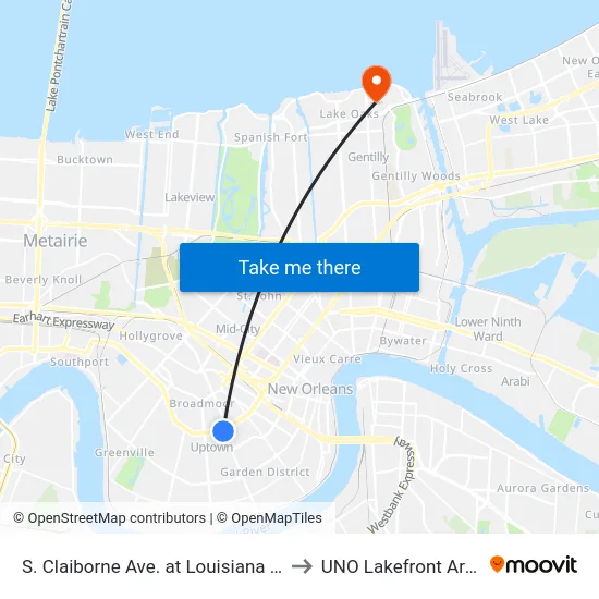 S. Claiborne Ave. at Louisiana Ave. to UNO Lakefront Arena map