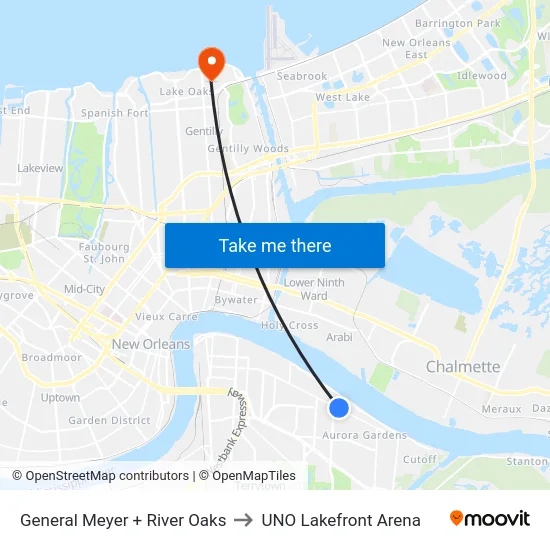 General Meyer + River Oaks to UNO Lakefront Arena map
