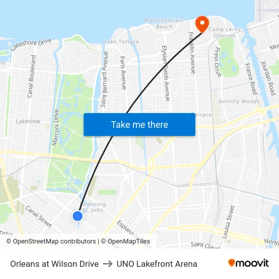 Orleans at Wilson Drive to UNO Lakefront Arena map