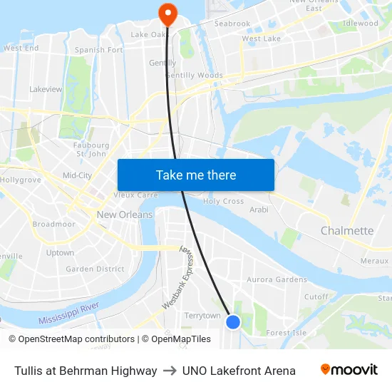 Tullis at Behrman Highway to UNO Lakefront Arena map