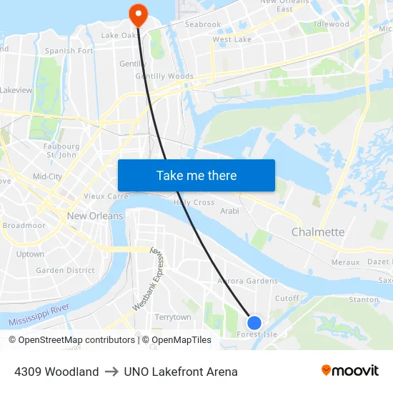 4309 Woodland to UNO Lakefront Arena map
