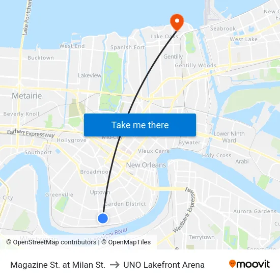 Magazine St. at Milan St. to UNO Lakefront Arena map