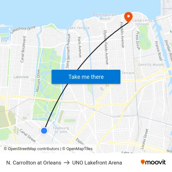 N. Carrollton at Orleans to UNO Lakefront Arena map
