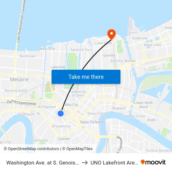 Washington Ave. at S. Genois St. to UNO Lakefront Arena map