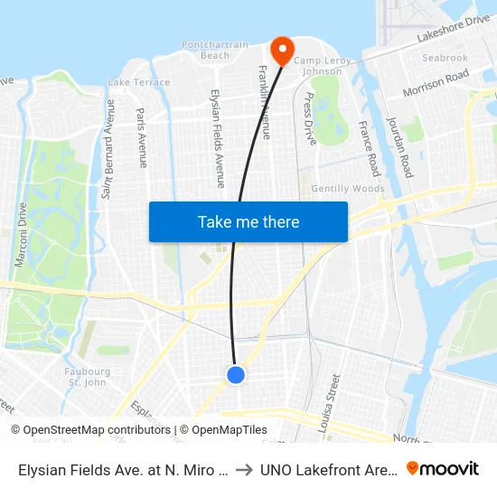 Elysian Fields Ave. at N. Miro St. to UNO Lakefront Arena map