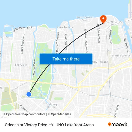 Orleans at Victory Drive to UNO Lakefront Arena map