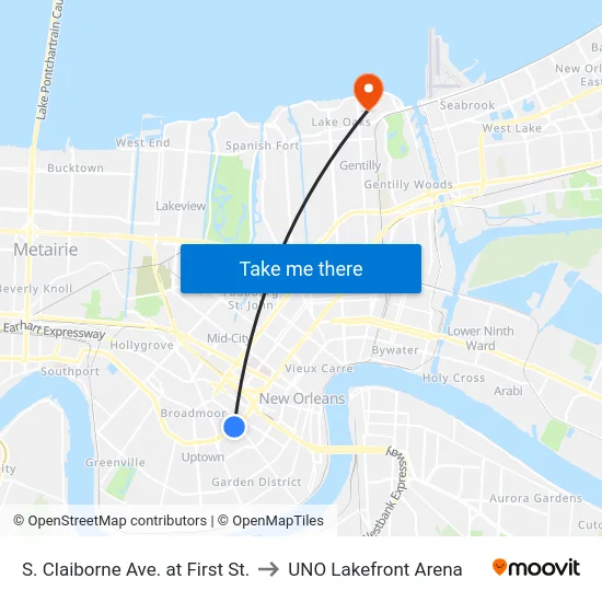 S. Claiborne Ave. at First St. to UNO Lakefront Arena map