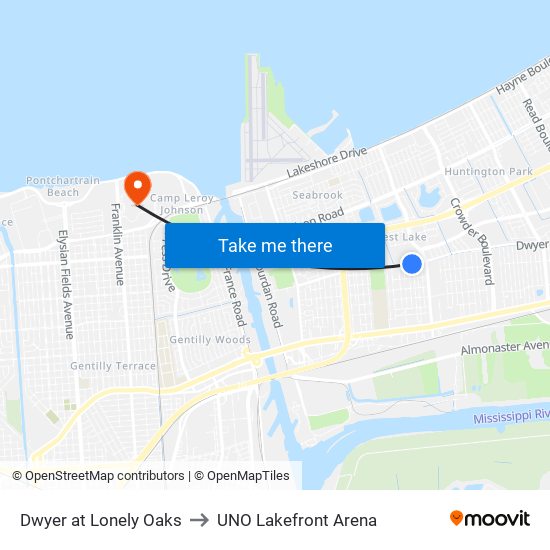 Dwyer at Lonely Oaks to UNO Lakefront Arena map