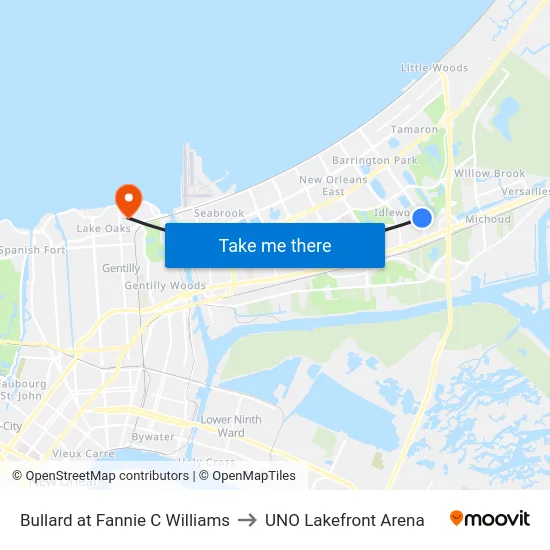 Bullard at Fannie C Williams to UNO Lakefront Arena map