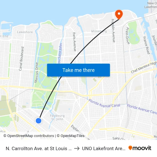 N. Carrollton Ave. at St Louis St. to UNO Lakefront Arena map