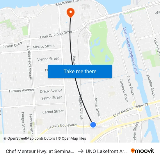 Chef Menteur Hwy. at Seminary Pl. to UNO Lakefront Arena map