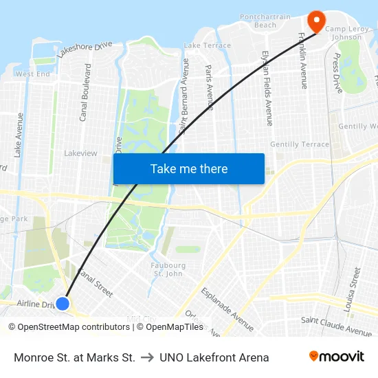 Monroe St. at Marks St. to UNO Lakefront Arena map