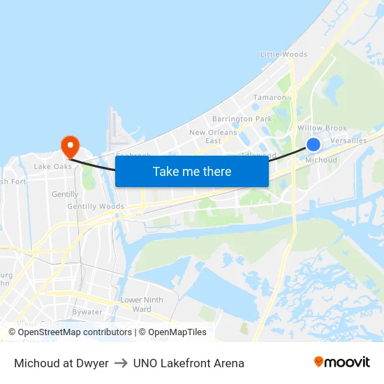 Michoud at Dwyer to UNO Lakefront Arena map