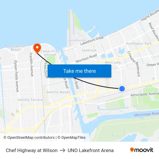 Chef Highway at Wilson to UNO Lakefront Arena map