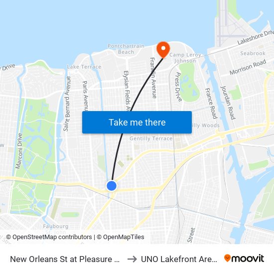 New Orleans St at Pleasure St. to UNO Lakefront Arena map