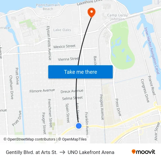 Gentilly Blvd. at Arts St. to UNO Lakefront Arena map