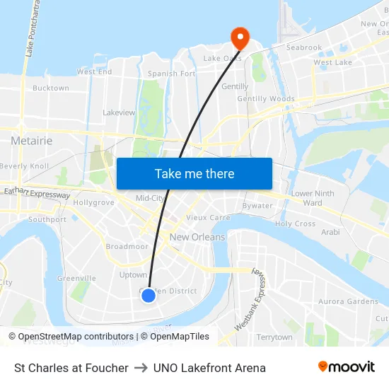 St Charles at Foucher to UNO Lakefront Arena map