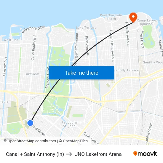 Canal at Saint Anthony (In) to UNO Lakefront Arena map